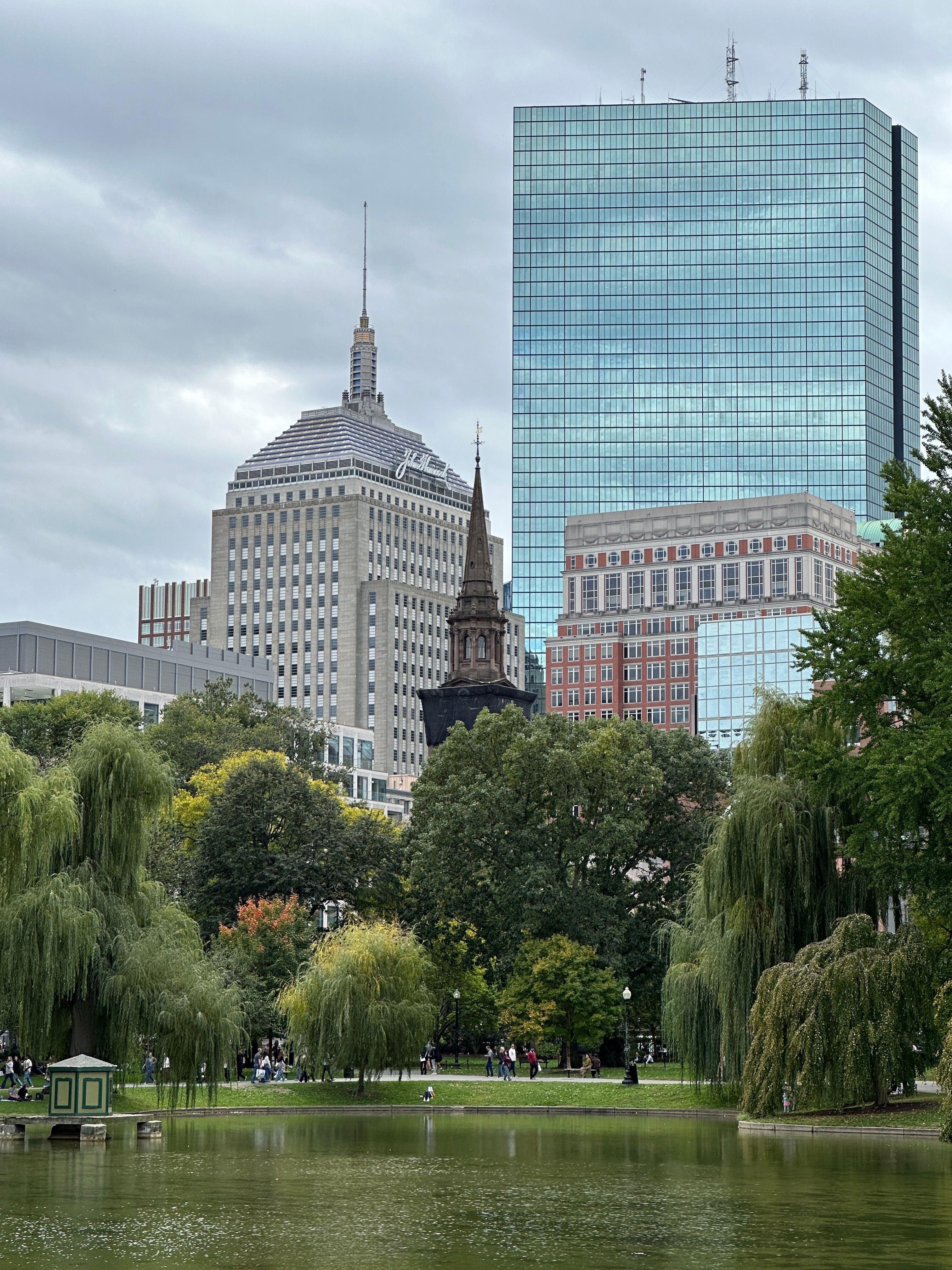 Boston Public Garden with the city skyline in the background