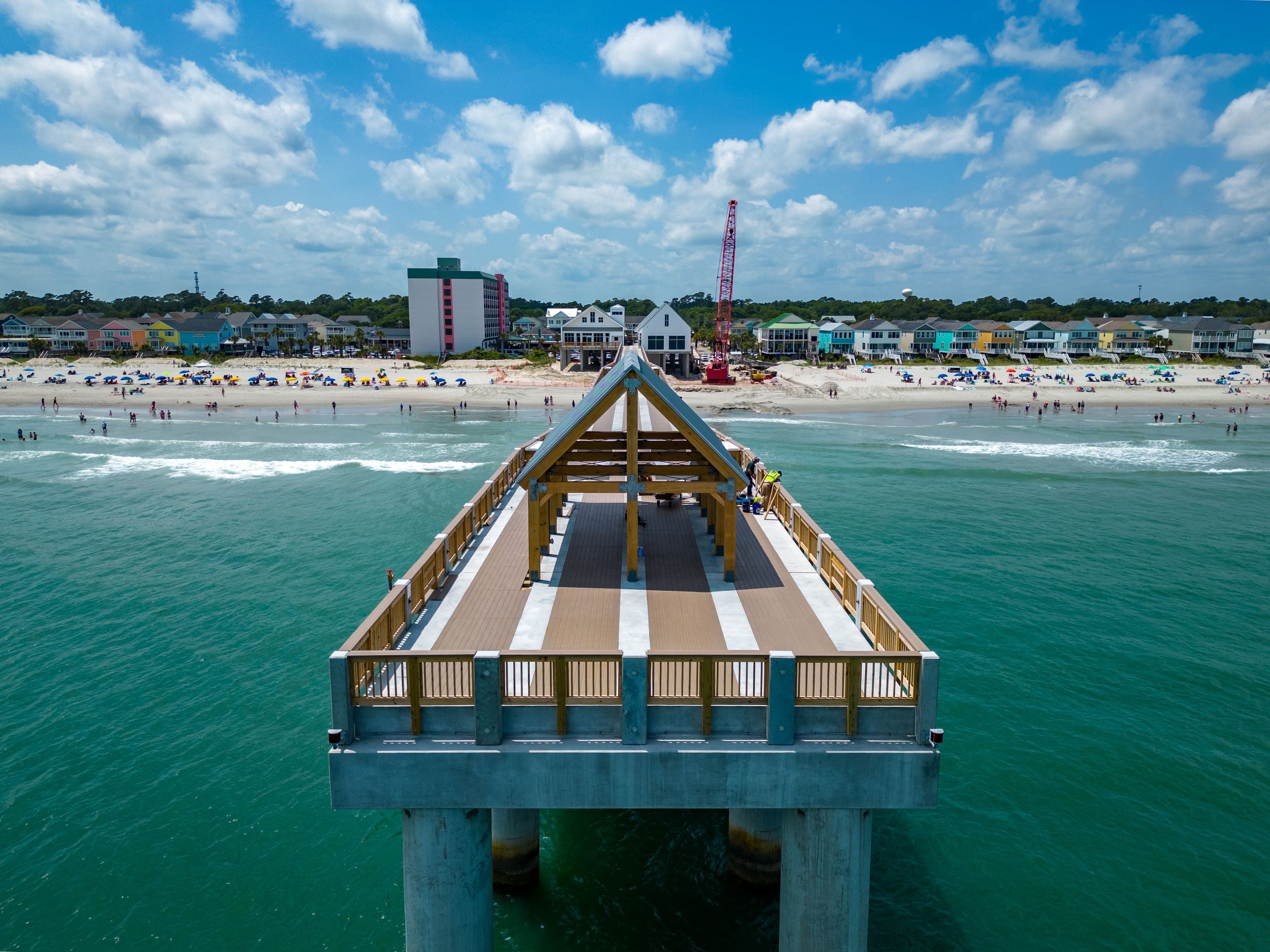 An aerial view of Surfside Beach Pier and the South Carolina coastline