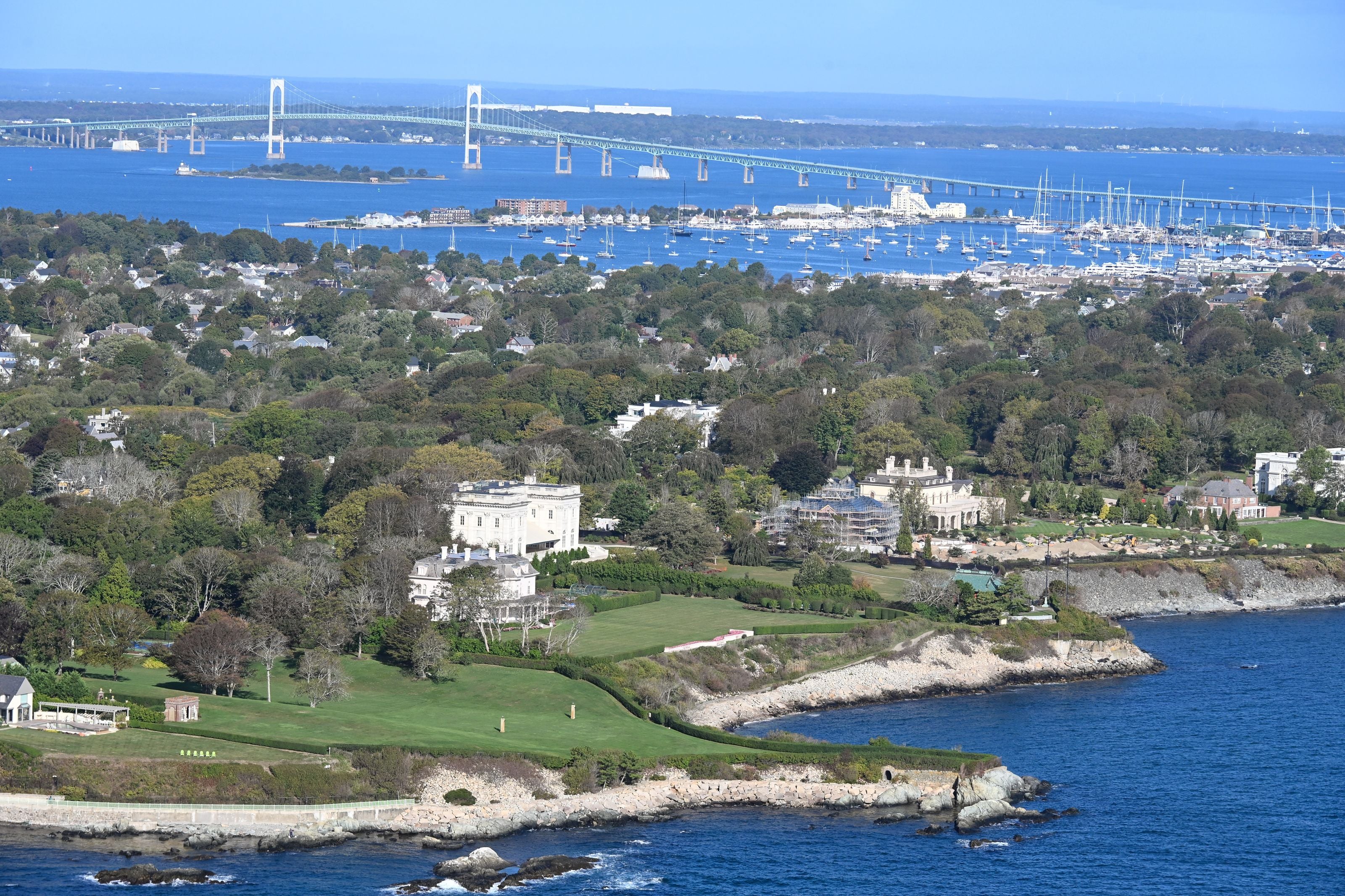 Aerial View of Historic Mansions and Cliff Walk in Newport, Rhode Island